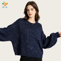 AJB 2026 Pull décontracté pour femme, coupe ample, en maille côtelée, col rond, manches longues, mélange laine et nylon, vente en gros OEM