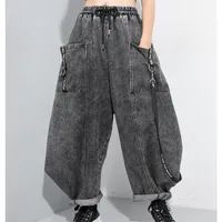 Streetwear Celana Jeans Kasual Model Keren, Celana Longgar Warna Kontras Retro Jepang, Celana Kaki Lebar Modis Keren