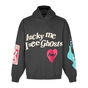 Lucky Me <strong>I</strong> <strong>See</strong> <strong>Ghosts</strong> Print 100% Cotton Oversized Pullover <strong>Hoodie</strong> Black Washed Kanye West Style Letter Heart Graphic Unisex - Product Image 1