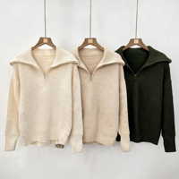 Pull-over col montant zippé pour femme, manches longues, décontracté, ample, col en V, essentiel, en maille côtelée, hauts de qualité supérieure