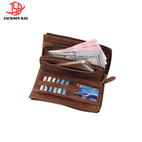 Dompet Kulit Pria Jiesheng Multi-Kartu Berkualitas Tinggi, Tas Kulit Asli Crazy Horse dengan Tempat Kartu Kredit