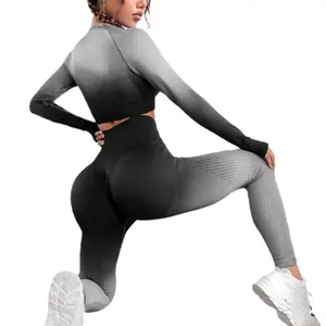 Degrade egzersiz artı boyutu uzun kollu kırpma üst spor sutyen tayt spor giyim aktif setleri Ombre dikişsiz Yoga seti