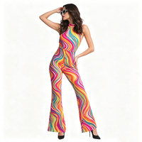 Tenue de disco pour femmes, combinaison à imprimé tourbillon coloré, combinaison à bretelles, fête sur le thème des années 70, combinaison à pattes d'éléphant, costume de disco rétro