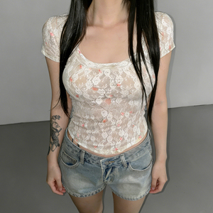 Vintage Retro Floral Print Lace <b>Patchwork</b> Asymmetrical Hem Waist Cinching Tee Soft Elegant U Neck Crop <b>Top</b> - Product Image 5