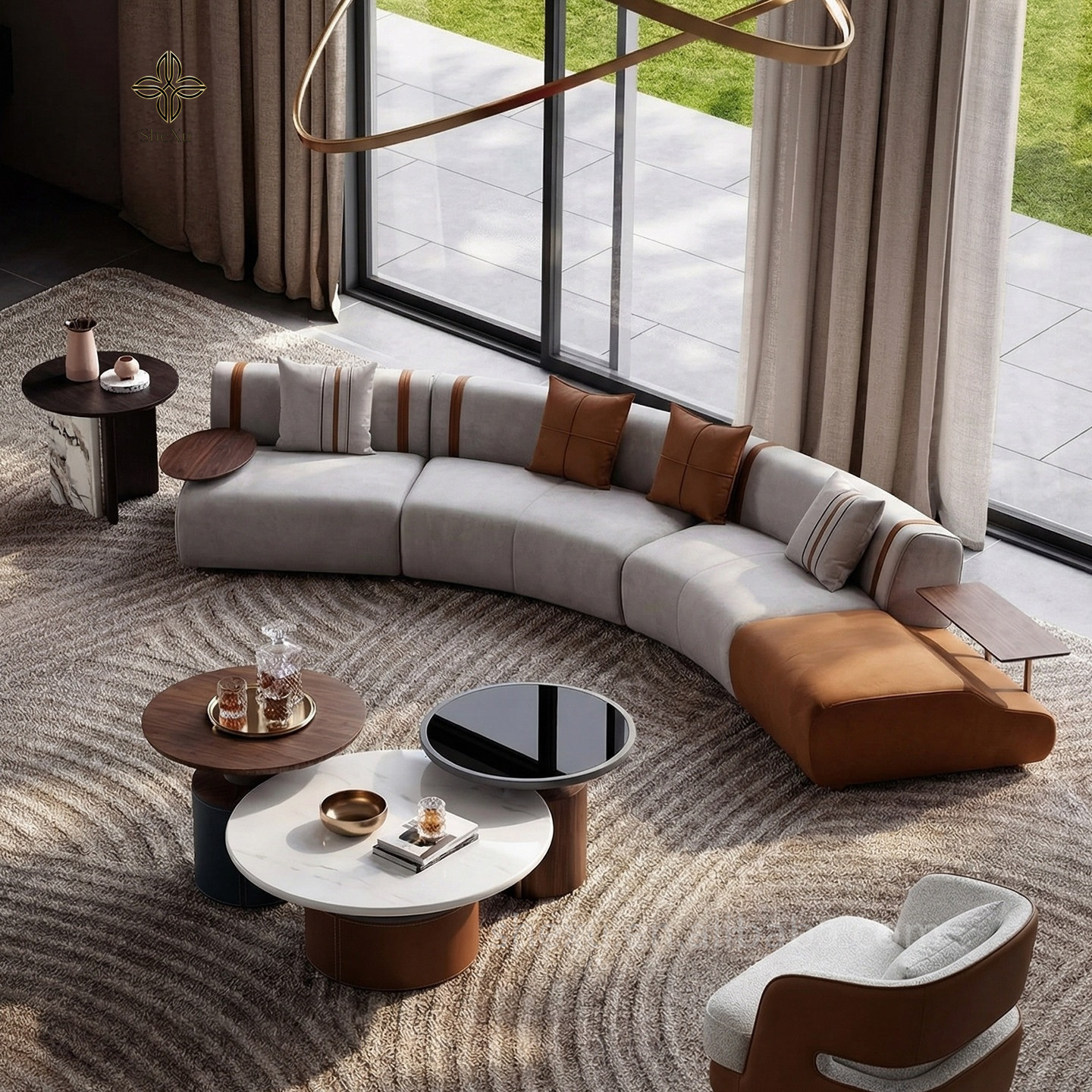 Italian Luxury Living Room Sofa, C-shaped Velvet Fabric Combination Villa Lobby Sofa, Modern Curved Multi Seater Sofa Set