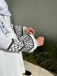 2024 Tassel Kimono schwarz weiß offen Baumwolle Leinen Abaya individuelle Stickerei Kardigan damen islamische Kleidung