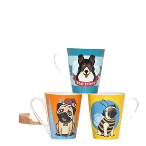 Promosyon drinkware kupa 10oz karikatür hayvan köpek tasarım seramik kahve kupalar ahşap ağaç kupası sevimli