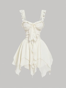 Robe asymétrique style français à col cœur, avec nœud en dentelle, ourlet à volants, bretelles spaghetti et taille cintrée, couleur unie - Product Image 2