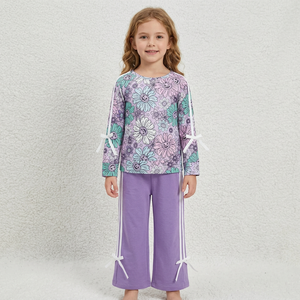 Ensemble de vêtements à manches longues pour filles, imprimé floral, avec attaches latérales, pantalon violet, tenue confortable - Product Image 1