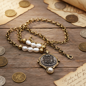 Collana con Pendente a Scudo dell'Alfa Sorority in Lega di Zinco Dorata Anticata con Perle Imitate e Catena - Regalo per Fidanzamento - Product Image 1