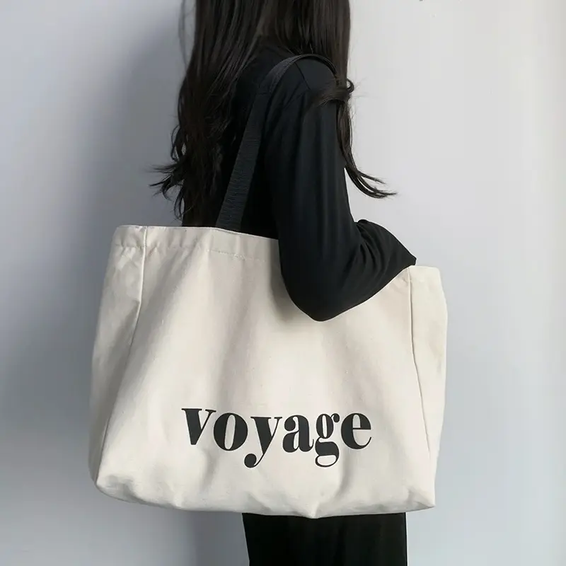 Custom printed logo boat bag beach black fashion heavy shoulder white plain large reusable cotton canvas tote shopping bag