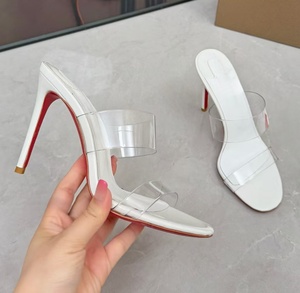 High-end brand transparent double-wide <b>red</b>-bottom high-heeled shoes - sexy and versatile cocktail platform <b>slippers</b> for women - Product Image 4