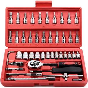 Jeu de clés à cliquet de 46 pièces 1/4 pouce en acier au chrome-vanadium, kit d'outils de réparation automobile avec étui, pour mécaniciens - Product Image 1