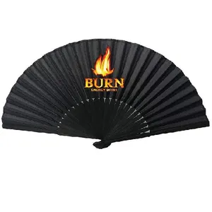 Ventilador de mão preto personalizado com bambu preto e seda