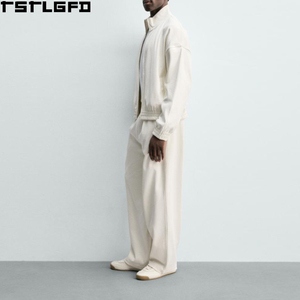 Cut And Sew Mock Neck <b>Full</b> <b>Zip</b> <b>Sweatshirt</b> Men Cream Boxy Fit Men'S Hoodies & <b>Sweatshirts</b> Manufacturers Bulk - Product Image 6