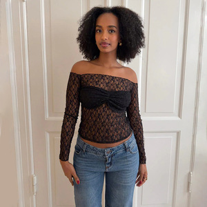 Haut en dentelle à épaules dénudées et manches longues pour femme, couleur unie, transparent, coupe ajustée, idéal pour le quotidien, les rendez-vous, les voyages et la photographie de rue - Product Image 4