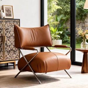 เก้าอี้หนังสไตล์เรโทรพร้อมโครงเหล็กสแตนเลสสำหรับห้องนั่งเล่น ห้องนอน ห้องทำงาน เพื่อการพักผ่อน - Product Image 1