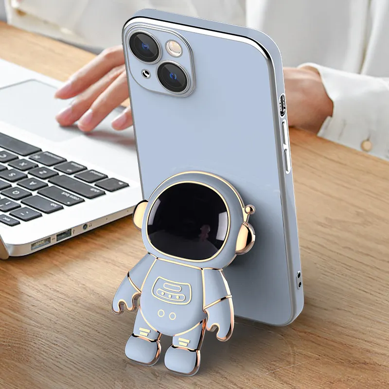 Camera Lens Protective Bracket Phone Holder For iPhone 11 12 13 14 Pro Max 3D Astronaut Stand Plating Case