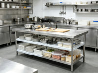 Table de travail en acier inoxydable pour hôtels, restaurants, cuisines commerciales, facile à nettoyer, dimensions personnalisables, garantie 1 an, non.