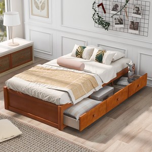 Natural Wood Solid Low Box Storage Single Bed with <b>Side</b> <b>Drawers</b> Maroon Color for Children Adults Elderly - Product Image 2