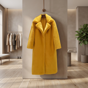 Manteau d'hiver modeste sur mesure pour femme grande taille, en fausse fourrure moelleuse brodée léopard, velours, longueur intégrale, col montant, ceinture - Product Image 2