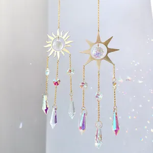 NEW Wholesale gold color Prism High Quality Round Beads Hanging Supplies Ornament Moon K9 Handmade Crystal Sun Catcher Window