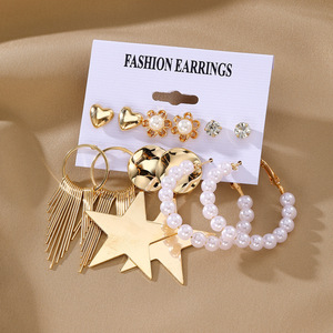 Wholesale New Creative Pearl Simple Retro <strong>Hoop</strong> Drop Dangle <strong>Large</strong> 6 Pairs Set Fashion Jewelry Earring for Women - Product Image 3