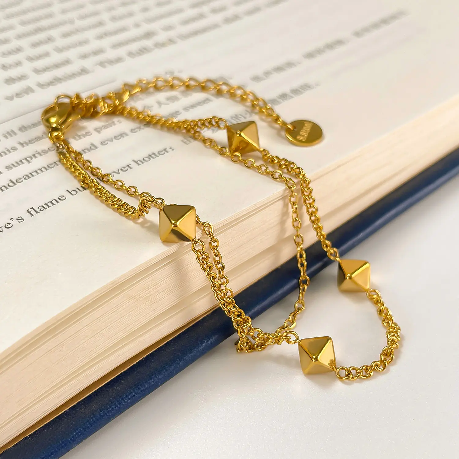 Tarnish Free Jewelry 18k Gold Plated Irregular Beaded Bracelet Waterproof Stainless Steel Double Layer Link Chain Cuff Bracelet
