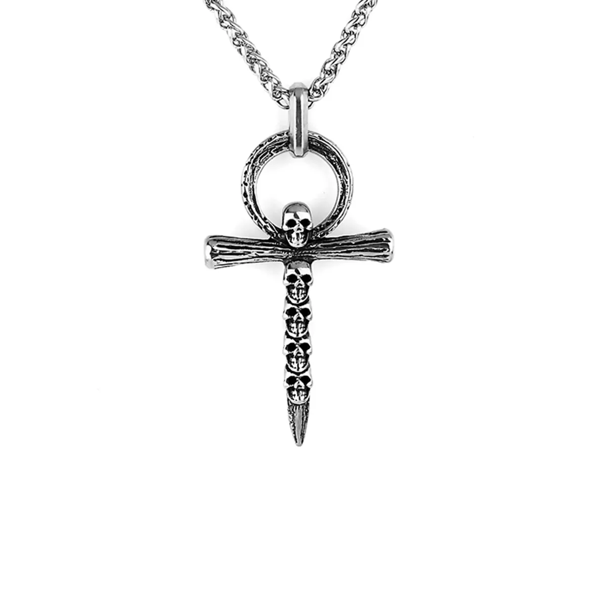 Hip Hop Cross Pendant Biker Punk Necklace Stainless Steel Men's Skull Cross Ring Necklace for Religious Gothic Jewelry