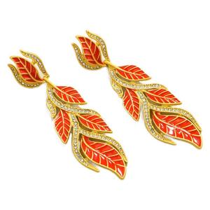 Leaf <b>Stud</b> <b>Earrings</b> Zinc Alloy Red Gold Plated Party Drop <b>Earrings</b> With Rhinestones Plant Pattern Jewelry B605 - Product Image 5