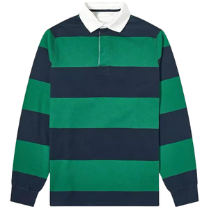 Chemise de rugby en coton lourd avec logo personnalisé, manches longues, polo rayé, vert marine, col blanc contrastant, maillot de rugby classique - Product Image 1