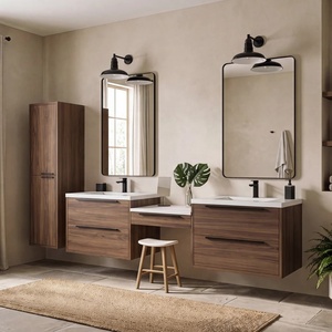 <span class=keywords><strong>Mobile</strong></span> <span class=keywords><strong>Bagno</strong></span> Moderno Sospeso con Doppio Lavabo, Cassetto Centrale per Trucchi, Maniglie a Barra Lunga e Armadietto Alto per Biancheria - Product Image 1