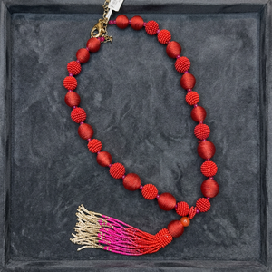 Sstringz Handmade Coral <b>Red</b> <b>Hot</b> Pink Ivory White Beaded Tassel Necklace seed Bead Statement Necklace Boho Fashion Jewelry - Product Image 3