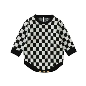 Newborn Baby Knitted Romper Warm Fall Winter Casual Long Sleeve Round Neck Checkerboard Print Sweater Bodysuit Infant 0-24 M