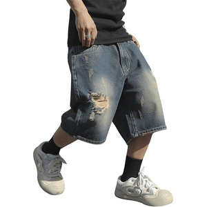customize <b>men's</b> denim shorts Baggy <b>Stretch</b> Ripped Knee Length Casual <b>mens</b> denim jorts Distressed Blue shorts streetwear - Product Image 1