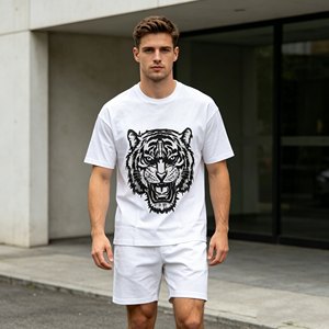 T-shirt homme à manches courtes personnalisé avec impression de lettres en strass, motif tigre, col rond, jersey décontracté en coton, coupe classique - Product Image 5