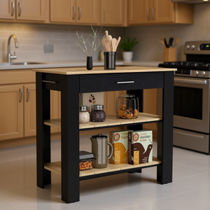 Isola da Cucina Delos con Un Cassetto e Due Ripiani in Legno di Quercia Chiaro Nero Design Moderno - Product Image 2