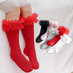婴儿儿童可爱冬季长靴公主棉袜女孩蕾丝褶边膝高袜 - Product Image 1