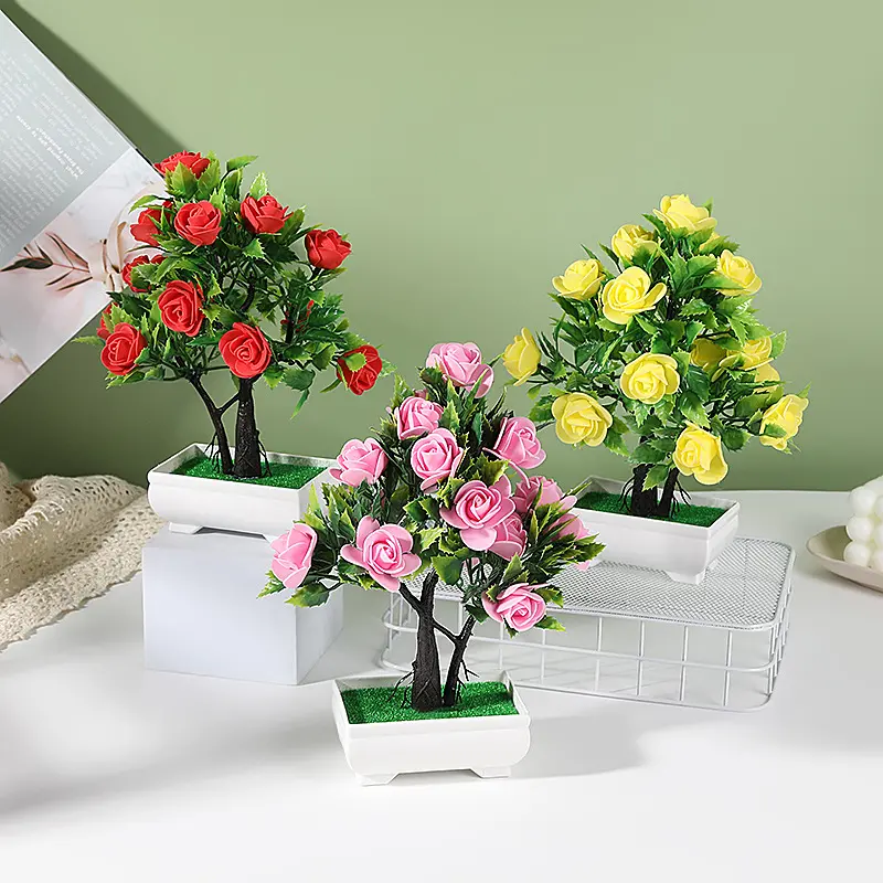 Искусственный цветок, растение, роза, бонсай, офисный сад, настольный декор, искусственные цветы в горшке для домашнего декора