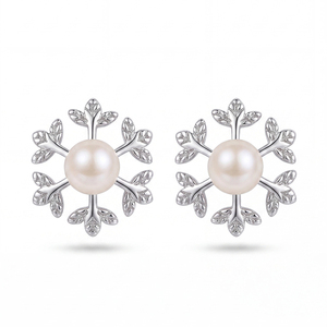Snowflake Freshwater Pearl <b>Studs</b> <b>Silver</b> Plated Copper Jewelry Elegant Winter Holiday Gift for Women - Product Image 1
