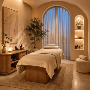 Table de massage professionnelle en bois massif de style européen pour salon de beauté, avec appui-tête intégré, éponge haute densité, éclairage d'ambiance, <span class=keywords><strong>Tui</strong></span> Na - Product Image 5