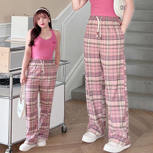 กางเกงขายาวทรงตรงเอวสูงลายสก็อตสีชมพูรุ่น Runqi N8730 สำหรับผู้หญิงไซส์พลัส ขากว้าง สไตล์ลำลอง ผ้าแฟลนเนล มีเชือกผูก - Product Image 1