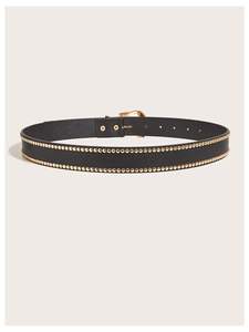 <span class=keywords><strong>Ceinture</strong></span> en cuir véritable personnalisée de marque haut de gamme pour femmes, avec double rangée de rivets ronds dorés et boucle à ardillon <span class=keywords><strong>dorée</strong></span> - Product Image 2