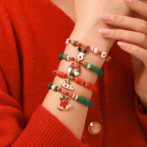 Christmas <b>Bracelet</b> Set Red Green Polymer Clay <b>Beaded</b> Jewelry Gift for Women <b>Men</b> Holiday Party Wristwear - Product Image 4