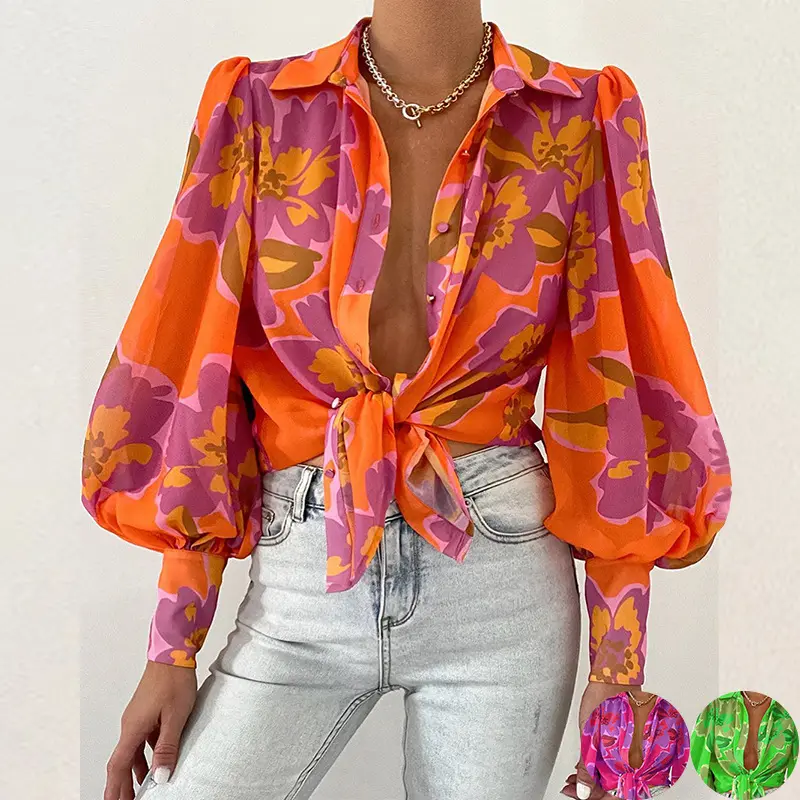 Hot Sale Cardigan Loose Puff Sleeve Printed Blouse For Women Shirts Blouses And Tops Fashionable Fall Shirt 2022