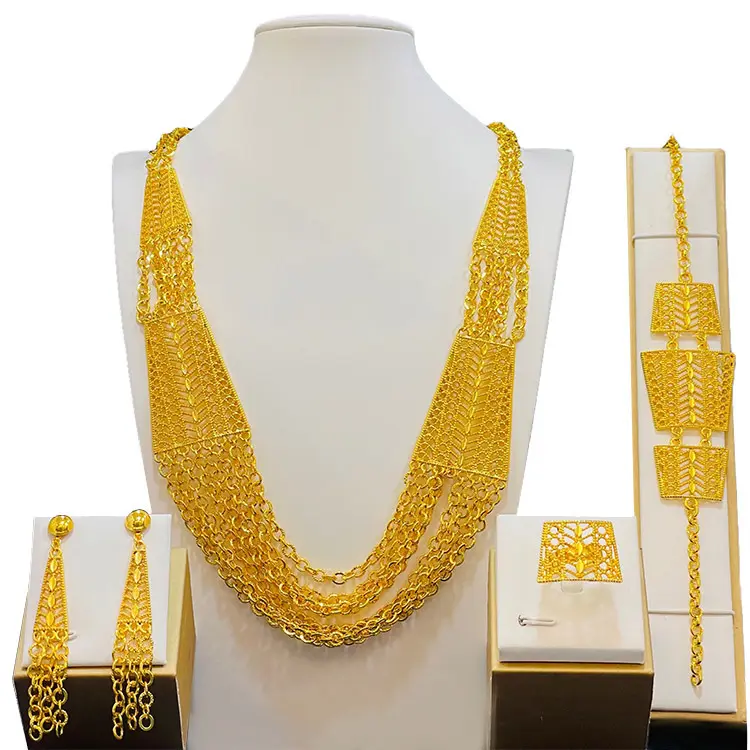 18K Gold Dubai Jewelry Sets Jewellery Bridal Wedding Fashion Jewelry Necklaces Bracelet Earring Ring Four-Piece Spot