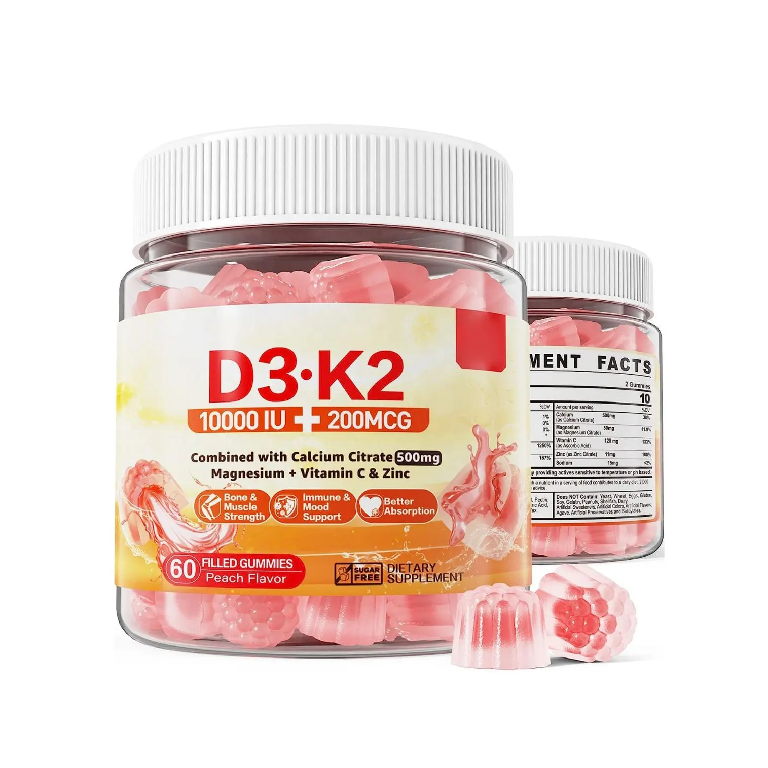 Oem nhãn hiệu riêng không đường Vitamin D3 K2 đầy Gummies