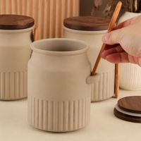 Ensemble de 3 pots de conservation hermétiques en céramique cannelée, avec couvercle en bois, joint en silicone, clip latéral et cuillère en bambou