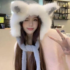 Bonnet en peluche avec oreilles de renard mignonnes, avec rabats pour les oreilles, chapeau d'hiver chaud pour femmes, style coréen, pour adultes, rose, blanc, gris, kaki, beige - Product Image 3