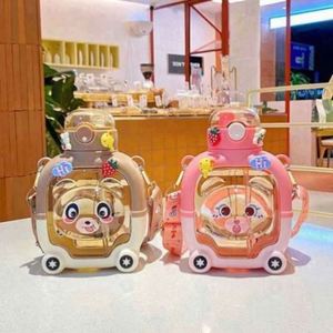 Summer Anti-Drop Portable Straw Cup High-Value Girls' Crossbody Style Magic Bear Square Design Food-Safe Reusable Plastic Water - Product Image 2